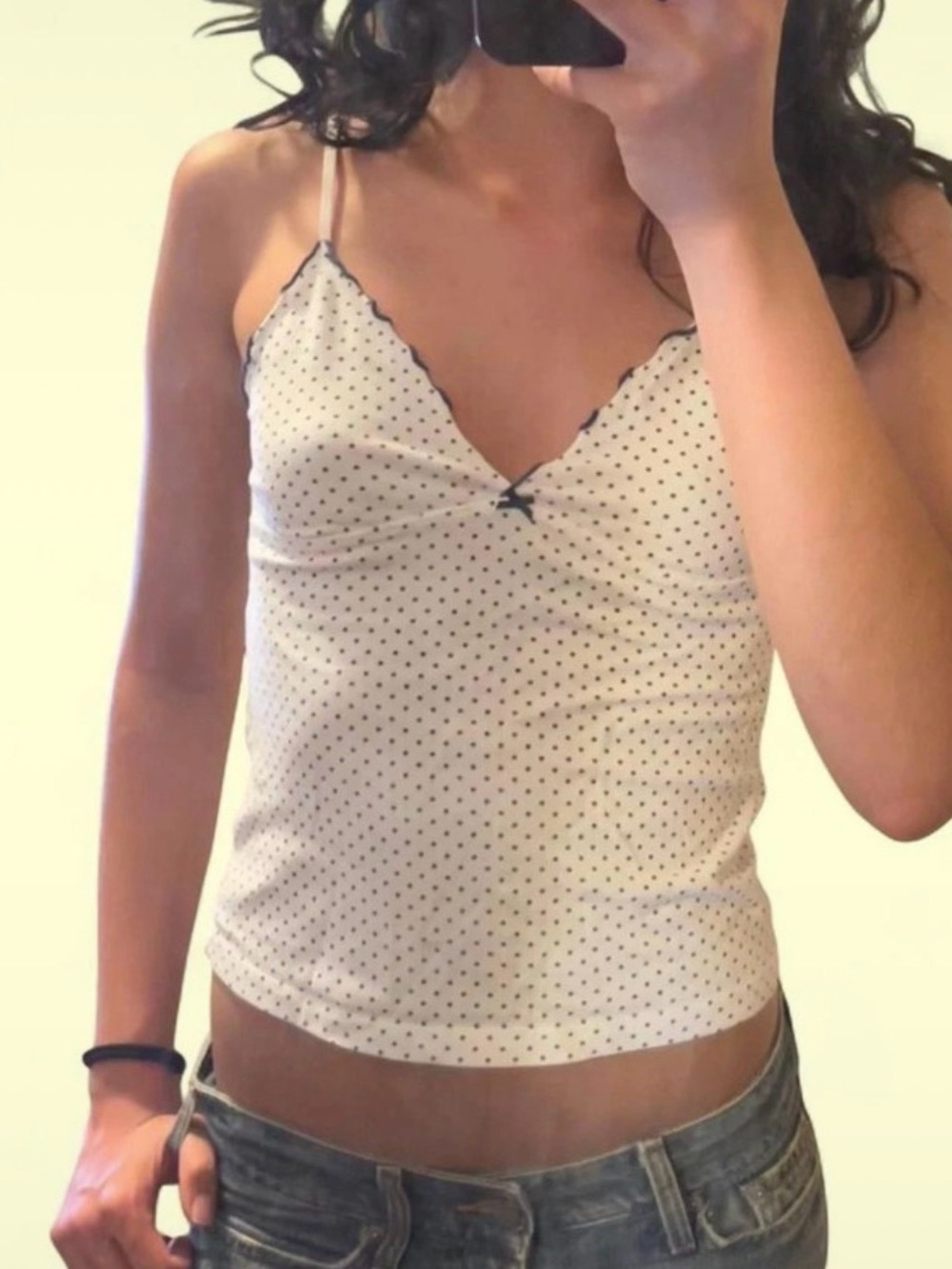 Brandy Melville White Polka Dot Spaghetti Strap Cami with Black Trim
